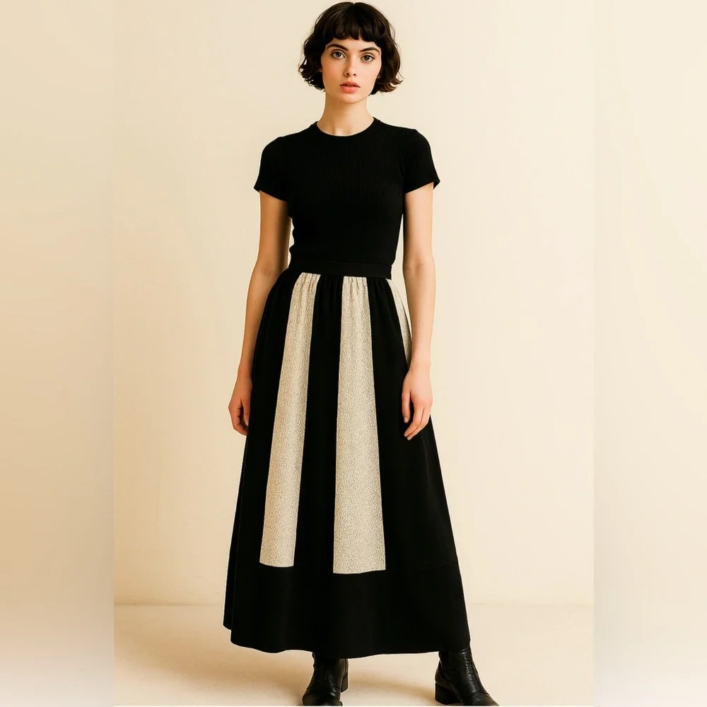 VINTAGE 70s JEANNE BOUCHEVER Cotton Velvet & Lace‎ Patchwork Maxi Skirt S-L